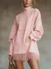 Novo Estilo Europeu e Americano Marca Independente Transfronteiriça Vestido Longo de Manga Comprida com Gola Alta em Camurça Vintage com Bolsos Soltos e Design de Franjas