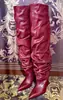 Botas de mujer de alta calidad, botas largas, botas por encima de la rodilla, botas de caña alta con punta fina, fruncidas y recogidas, piel de vaca por dentro y por fuera, suela de cuero genuino, tacón alto de 7 cm, rojas
