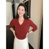 Suéter pullover de punto liso para mujer, cuello en V, holgado, procesamiento OEM, camisa base de punto para otoño e invierno para mujer