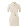 Vestido Bodycon Puro Desejo com Gola Alta de Laço e Manga Média, Novo Vestido Curto Básico Cor Sólida Slim-Fit para Menina Hot da Primavera