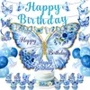 Tela de fondo de forma irregular para fiesta de cumpleaños de mariposa azul, serpentinas con purpurina, decoraciones colgantes en espiral, globos, adornos para pasteles y decoraciones