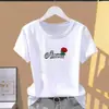 Camiseta Casual de Alta Qualidade com Estampa de Letras, Manga Curta para Mulheres, Verão, Gola Redonda, Solta e Versátil, Top da Moda Estilo Mãe