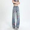 Jeans Floral Retro Americano Relaxado Unissex Vibe High Street Calça Larga Reta Solta Comprimento Total
