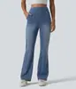 Jeans Boca de Sino de Alta Elasticidade para Mulheres do Tiktok, Calças Longas Casuais Slim-Fit de Cintura Alta, Jeans Azul Escuro Fashion Europeu e Americano de Comprimento Total
