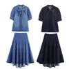 Moda Outono 2025 Camisa Jeans Decorada com Laço 5216249244 Saia Midi Jeans 9863 244