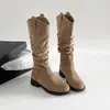 Botas Longas Plissadas de Salto Grosso Retrô 2026 Nova Outono Aumenta-Altura Botas Longas Maillard Botas de Equitação Cowboy Western