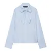Camisa de Manga Longa com Gola Alta e Gravata Borboleta para Comércio Exterior Transfronteiriço Feminina Três Cores Disponíveis Listras Texturizadas Solta Temperamento para o Trabalho Roupas Femininas