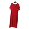 Vestido Feminino Curto de Manga Curta com Gola V e Bolso, Fino de Verão, Algodão Modal, Saia Base Solta Casual, Cobrindo a Barriga, Emagrecimento, Saia Longa