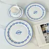 Série Corrente de Ferro Azul Aijia Estilo Europeu Conjunto de Talheres de Quatro Peças Xícara e Pires de Café em Porcelana Óssea Prato de Jantar Ocidental Simples Retrô