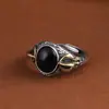 Rey Ciervo Dorado Plata S925 Vintage Desgastado Nube Propicia Maza Vajra Incrustada Piedra en Forma de Huevo Anillo Abierto Joyería de Plata para Hombre