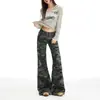Calça Flare Camuflada Estilo Retrô Americano para Mulheres, Novo Estilo de Verão, Cintura Baixa, Corte Reto Solto, Calça de Trabalho Não Apertada Micro Flare