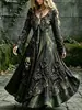 Vestido largo de manga larga, falda completa, estilo gótico con estampado de calavera y rosa, oscuro, retro, temática de Halloween, cuello en V, entallado a la cintura