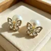 Brincos de Pérola Dupla Face com Laço, Design Cravejado de Diamantes, Brincos de Zircônia, Brincos de Prata de Alta Qualidade de Nicho