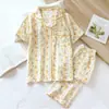 Pijama de Gasa de Algodón Puro para Mujer, Estilo Delgado de Verano, Gasa 100% Algodón, Cárdigan Fresco, Manga Corta, Pantalón Largo, Ropa de Casa, Se Puede Usar Afuera, Conjunto