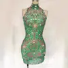 Vestido Curto de Verão Sem Mangas com Strass Brilhante para Mulheres Festa Baile Casamento Aniversário Vestido Performance de Cantora