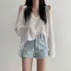 Chic Coreano Elegante Cuello en V Hombros Descubiertos Holgado Perezoso Versátil Casual Protección Solar Color Sólido Manga Larga Tejido de Punto Top para Mujer