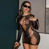 Comercio Exterior Europeo y Americano Falda de Cadera Cruzada Sexy Lencería Body de Manga Larga Seda Negra Hueco Ajustado Transparente Malla Ropa w867