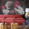 2025 Moderno Luxo Leve Rosa Preto Grande Floral Sem Costura Tecido de Parede Sala de Estar Entrada Mural de Fundo Aglomerado de Flores da Noite Escura