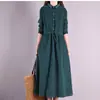 Vestido de Pana de Longitud Media para Mujer, Nuevo Otoño 2026, Holgado, Talla Grande, Bordado Retro, con Cordones en la Cintura, Moldeador
