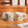 Taza de Cerámica con Mango Floral Estilo Japonés Pastoral Taza de Café con Flor de Dibujos Animados y Platillo Set de Taza con Animal Lindo