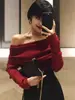 Top de manga larga con hombros descubiertos estilo francés para mujer, suéter de punto ajustado para otoño e invierno, capa base