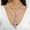Collar Punk Transfronterizo Estilo Europeo y Americano Perla Falsa Exagerado Colgante de Cruz Dulce Fresco Largo para Mujer