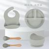 Plato de cena de silicona complementario para niños de gran venta transfronteriza, tazón, tenedor, cuchara, babero, juego de vajilla de cinco piezas, plato de cena resistente a caídas, plato de succión