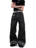 Jeans retro americanos de pierna ancha con remaches para hombre con remaches metálicos en los bolsillos traseros, dobladillo enrollado, diseño estampado, corte holgado, pierna recta, pantalones de largo hasta el suelo