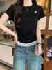 Camiseta Gris Love Encaje Manga Corta Mujer Verano 2025 Nuevo Estilo Hombro Corto Ajustada Adelgazante Top