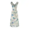 Design Estilo Francês com Bordas Franzidas, Gravata Borboleta, Decote em V, Vestido Regata Floral Sem Mangas, Vestido Longo Elegante de Cintura Alta