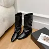 Botas de media caña de moda, holgadas, con pliegues, puntera cuadrada, con aumento interior de 5 cm, de piel auténtica, para mujer, nuevas para otoño/invierno 2026