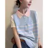 Tricô de Manga Curta com Gola Polo Listrada Color Block de Alta Qualidade para Mulheres, Moda Nova de Início de Primavera 2026