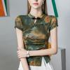 Nova T-shirt de malha de gola estilo chinês Mulheres manga curta 2024 Verão Novo Vintage estampado feminino Buckle Top plissado