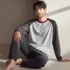 Conjunto de Dos Piezas de Pijama de Algodón Puro de Manga Larga y Pantalón Largo para Temporada de Primavera y Otoño, Cuello Redondo, Bloques de Color, Sencillo Pullover Ropa de Casa para Hombre