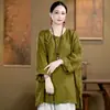 Nuevo top de manga larga de algodón y lino con cuello en V y botón de rana estilo chino para mujer, de longitud media, nuevo estilo primavera/otoño, temperamento casual versátil