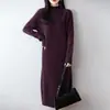 Suéter 100% lã pura, estilo simples, vestido de tricô com gola alta meia, para mulheres, comprimento médio, emagrecedor, elegante, vestido suéter espessado