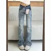 Jeans Reto de Cintura Baixa High Street Americano Feminino Retro Lavado Stretch Novo Comprimento Total Emagrecedor Micro Flare