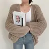 Cárdigan de punto con mangas abullonadas para mujer, estilo coreano, holgado, informal, de color sólido, con cuello en V y combinable, para principios de otoño