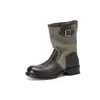 Botines cortos nuevos de cuero genuino estilo coreano para mujer con parte superior de tela de bloques de color, punta redonda, tacón bajo y hebilla de cinturón, estilo casual