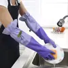 Luvas de Lavar Louça de Limpeza Doméstica de Comprimento Estendido, Luvas de Borracha Plástica Espessas e Duráveis para Cozinha e Lavanderia, Luvas de Borracha com Forro de Lã para Prevenir Manchas de Óleo