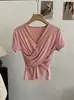 Camiseta Básica de Manga Corta Ajustada con Pliegues y Cuello en V Cruzado Omalai para Mujer, Nueva Colección Primavera/Verano 6826