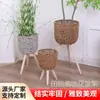 Suporte de Flores de Chão de Madeira Estilo Nórdico com Vasos de Rattan, Decoração de Sala de Estar, Decoração de Varanda Interna, Fabricante de Cesta para Plantas Verdes