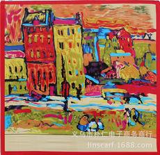 Primavera Van Gogh Red House Simulação Lenço de Seda 90*90 Respingo de Tinta Pintura a Óleo Grande Lenço Quadrado Lenço Feminino Multicolorido Atacado