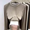 Nuevo conjunto de dos piezas DeRong auto-calentable con bloques de color para otoño e invierno, camiseta de manga larga con cuello redondo para primavera y otoño, capa base para mujer