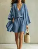 Conjunto de Três Peças de Algodão e Linho Verão 2026 Transfronteiriço Europeu e Americano para Mulheres, Conjunto de Kimono Sem Mangas e Shorts Estilo Resort Europeu e Americano