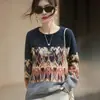 2025 Novo Outono e Inverno Tricô Retrô de Lã Penteada Gola Redonda Manga Longa Feminino Pulôver Jacquard Camisa de Base Top