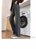 Jeans Elásticos Rectos de Cintura Alta Forrados de Polar Talla Plus para Mujer 2025 Nuevo Gris Cemento Oscuro Ajustados Sueltos Pantalones de Pierna Ancha
