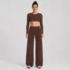 Conjunto de roupa de yoga transfronteiriço com design vazado nas costas, camiseta esportiva de manga longa, calça reta folgada de cintura alta, conjunto de fitness
