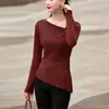 Camiseta básica de punto de manga larga con diseño irregular, suave y acogedora, para mujer, top interior de primavera y otoño ajustado, talla única negra, color albaricoque