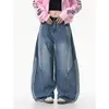 Jeans de calle retro americano lavados, deconstruidos, con dobladillo curvo para mujer, con tres rayas y diseño de pierna ancha tipo patchwork